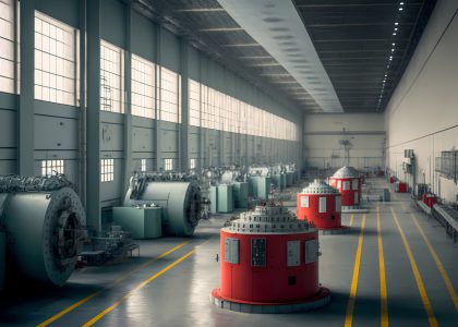 Industrial interior of hydroelectric power station with electric generators. Generation AI Industrial interior of hydroelectric power station with electric generators. Generation AI